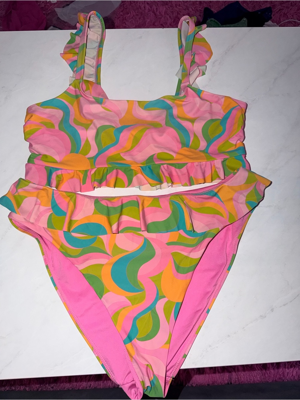 Show Me Your Mumu x Barbie Colorful Swirl Ruffle Two-Piece Swim Set